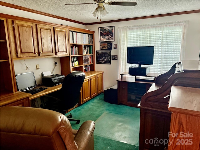 5816 Scotland Yard Rd, Rock Hill, SC 29732 - carpeted home office with a textured ceiling, ceiling fan, and ornamental molding