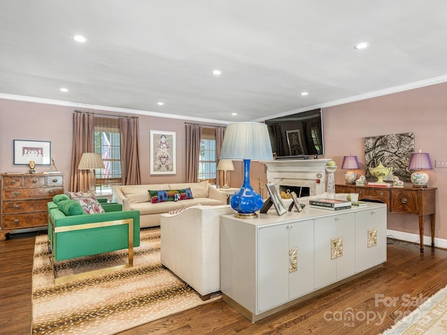 3001 Colony Rd, Charlotte, NC 28211 - living area with ornamental molding, a fireplace, wood finished floors, and recessed lighting