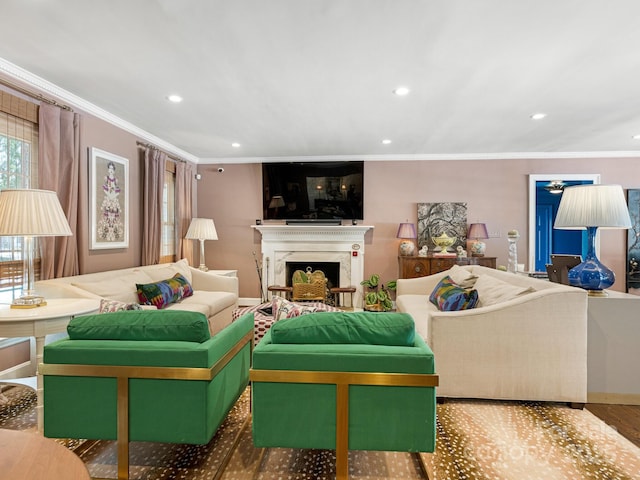 3001 Colony Rd, Charlotte, NC 28211 - living area featuring ornamental molding, recessed lighting, and a fireplace