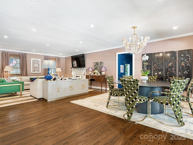 3001 Colony Rd, Charlotte, NC 28211 - dining room with a chandelier, wood finished floors, ornamental molding, and recessed lighting