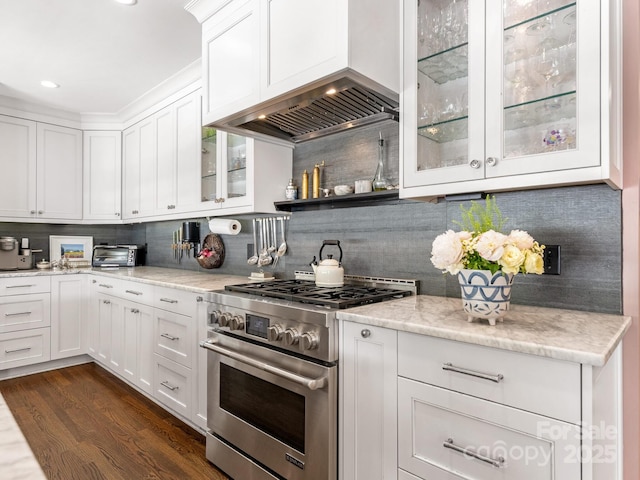 3001 Colony Rd, Charlotte, NC 28211 - kitchen with high end stainless steel range, backsplash, glass insert cabinets, white cabinets, and recessed lighting