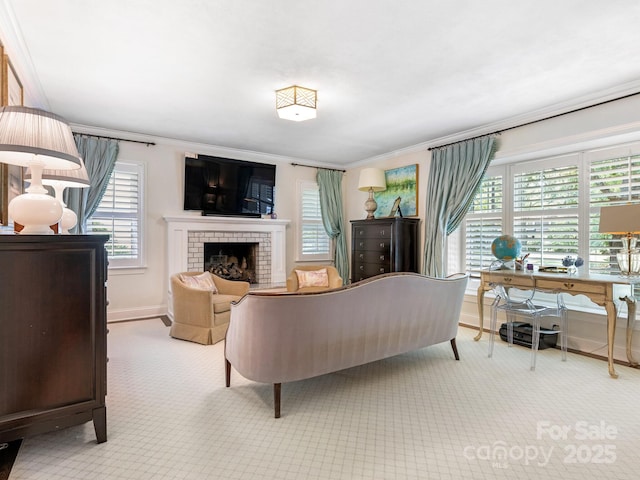 3001 Colony Rd, Charlotte, NC 28211 - living room featuring crown molding and a fireplace