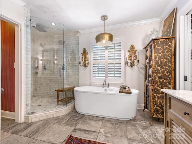 3001 Colony Rd, Charlotte, NC 28211 - bathroom with a stall shower, a freestanding bath, vanity, ornamental molding, and recessed lighting