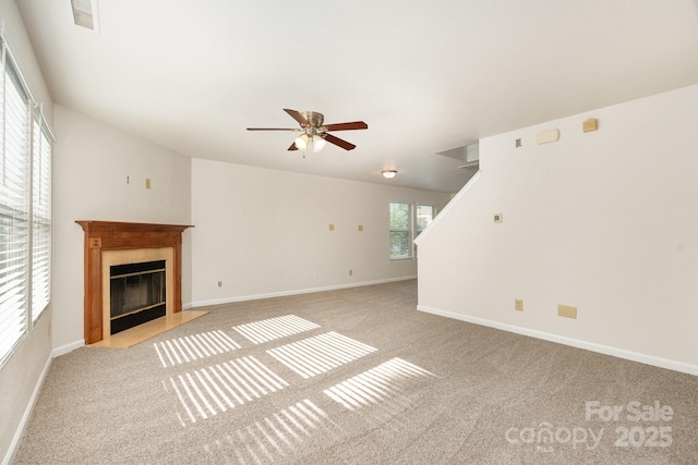 1432 Matthew Allen Cir, Kannapolis, NC 28081 - unfurnished living room featuring light carpet, a ceiling fan, and a fireplace