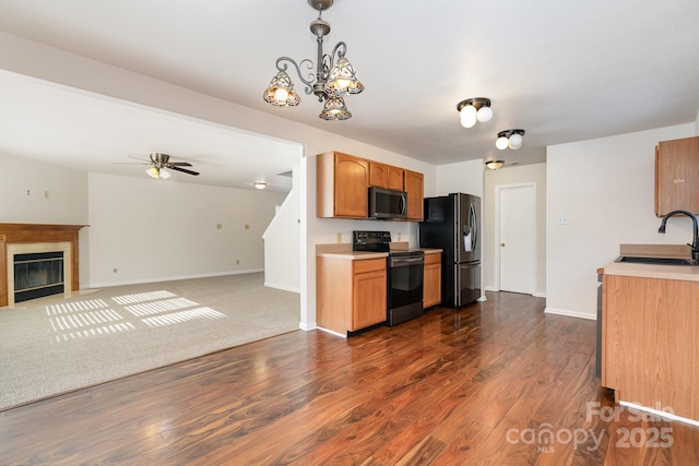 1432 Matthew Allen Cir, Kannapolis, NC 28081 - kitchen with black electric range oven, refrigerator with ice dispenser, open floor plan, dark wood-type flooring, and light countertops