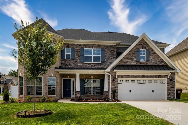 2110 Owls View Ln, Colfax, NC 27235 - craftsman-style home with concrete driveway, a front yard, a standing seam roof, and roof with shingles