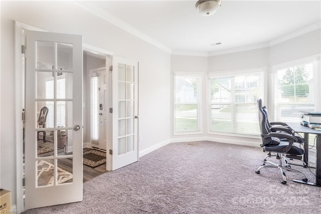2110 Owls View Ln, Colfax, NC 27235 - office space with french doors, crown molding, healthy amount of natural light, and carpet floors