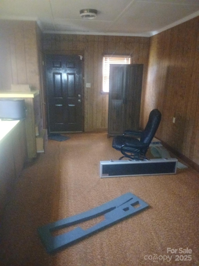 2815 Highland Dr, Lincolnton, NC 28092 - exercise room featuring wood walls, carpet, and crown molding