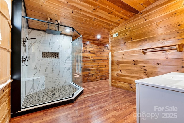 3724 County Home Rd, Conover, NC 28613 - bathroom with wood finished floors, a marble finish shower, lofted ceiling, vanity, and wood ceiling
