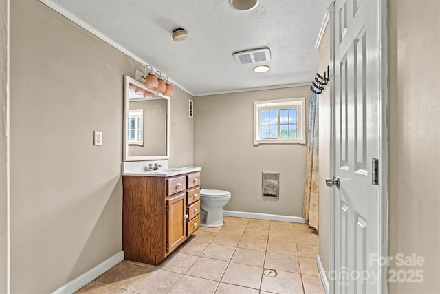 3724 County Home Rd, Conover, NC 28613 - full bathroom with vanity, crown molding, a textured ceiling, and tile patterned flooring
