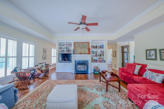 8 Creekside Way, Asheville, NC 28804 - living area featuring a ceiling fan, crown molding, wood finished floors, and a high end fireplace
