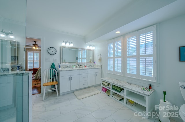 8 Creekside Way, Asheville, NC 28804 - bathroom with double vanity, crown molding, and marble finish floors