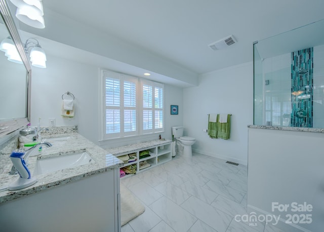 8 Creekside Way, Asheville, NC 28804 - bathroom with double vanity, a tile shower, and marble look tiles