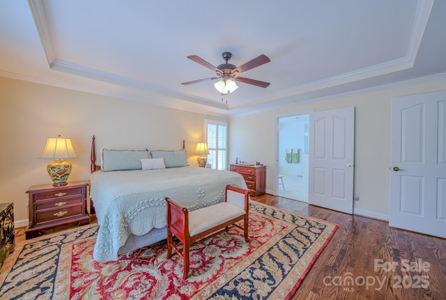 8 Creekside Way, Asheville, NC 28804 - bedroom featuring a raised ceiling, crown molding, wood finished floors, and ceiling fan