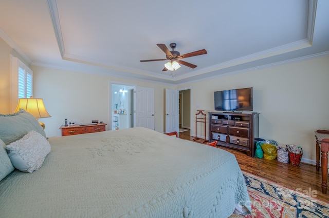 8 Creekside Way, Asheville, NC 28804 - bedroom featuring a tray ceiling, wood finished floors, ornamental molding, and a ceiling fan