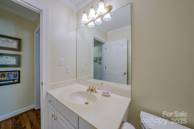 8 Creekside Way, Asheville, NC 28804 - half bathroom with ornamental molding, a chandelier, vanity, and wood finished floors