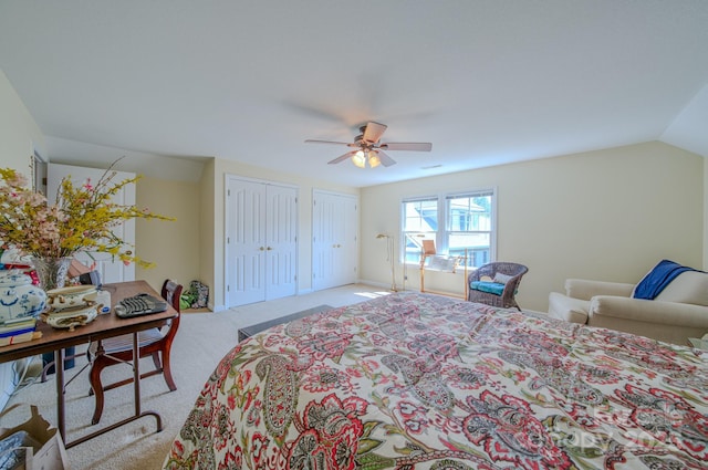 8 Creekside Way, Asheville, NC 28804 - bedroom with multiple closets, light colored carpet, a ceiling fan, and a desk