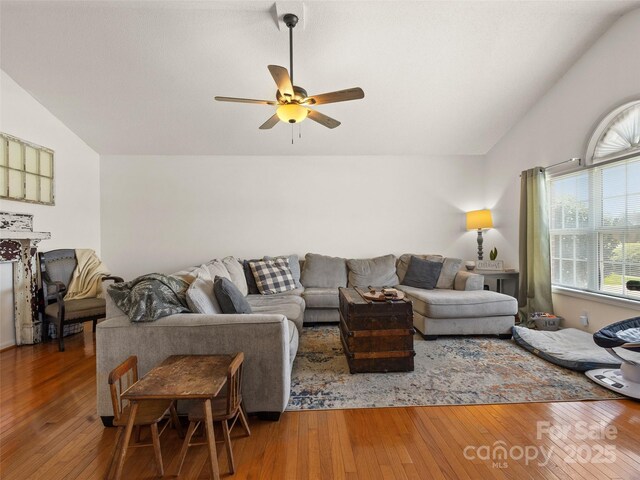 3906 Brickfield St, Hickory, NC 28602 - living room with lofted ceiling, a ceiling fan, and wood-type flooring