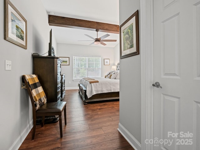 714 Bolt Rd, Lake Lure, NC 28746 - bedroom featuring dark wood-type flooring, beamed ceiling, and a ceiling fan