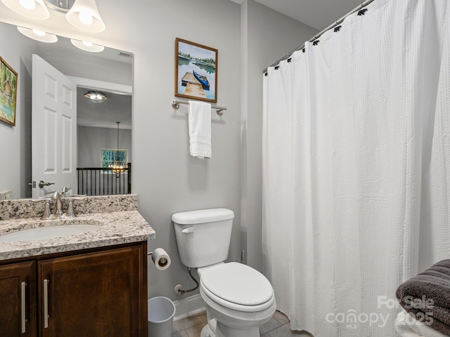 714 Bolt Rd, Lake Lure, NC 28746 - bathroom featuring a chandelier, vanity, tile patterned flooring, and a shower with curtain
