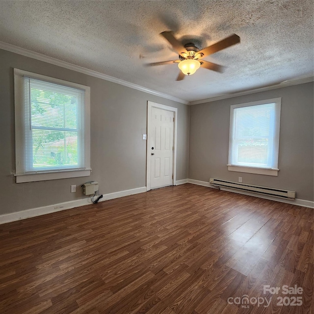 703/705 Smith St, Kannapolis, NC 28083 - empty room with a baseboard radiator, crown molding, wood finished floors, a textured ceiling, and ceiling fan