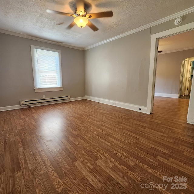 703/705 Smith St, Kannapolis, NC 28083 - unfurnished room with a baseboard heating unit, wood finished floors, a textured ceiling, ceiling fan, and crown molding
