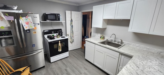 703/705 Smith St, Kannapolis, NC 28083 - kitchen featuring stainless steel refrigerator with ice dispenser, white range with electric cooktop, black microwave, white cabinets, and ornamental molding