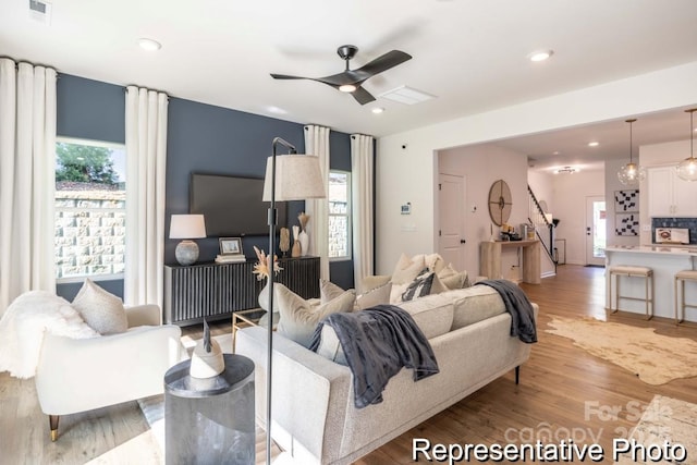 622 Station St Unit 48, Clover, SC 29710 - living room featuring light wood-style floors, a ceiling fan, and recessed lighting