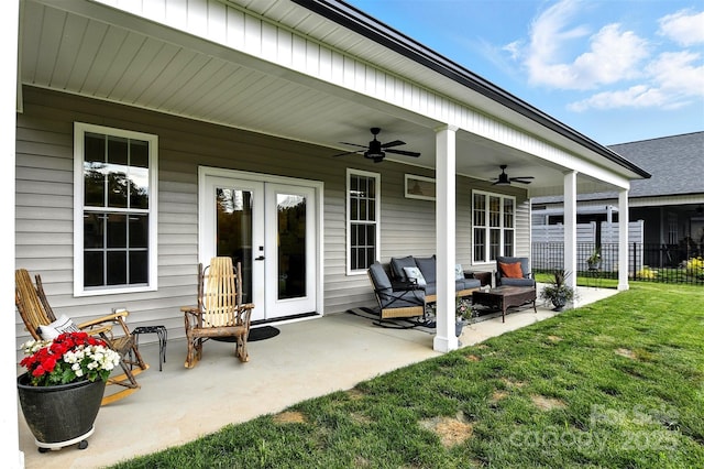 255 Eagles Lndg, Morganton, NC 28655 - view of patio / terrace featuring ceiling fan, an outdoor hangout area, and french doors