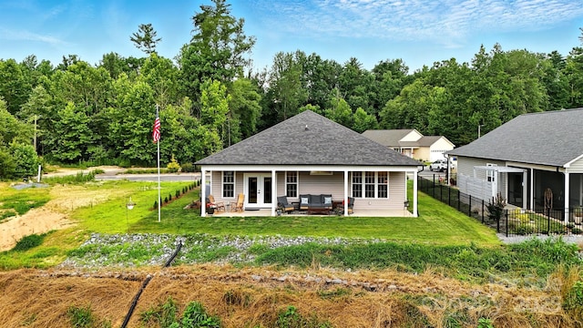 255 Eagles Lndg, Morganton, NC 28655 - back of property featuring french doors, a patio area, roof with shingles, and outdoor lounge area