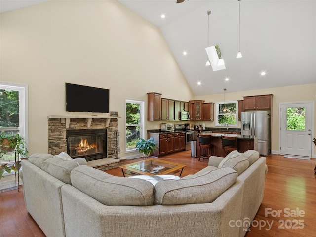 222 Fox Creek Rd, Mars Hill, NC 28754 - living area with high vaulted ceiling, a skylight, wood finished floors, and a fireplace