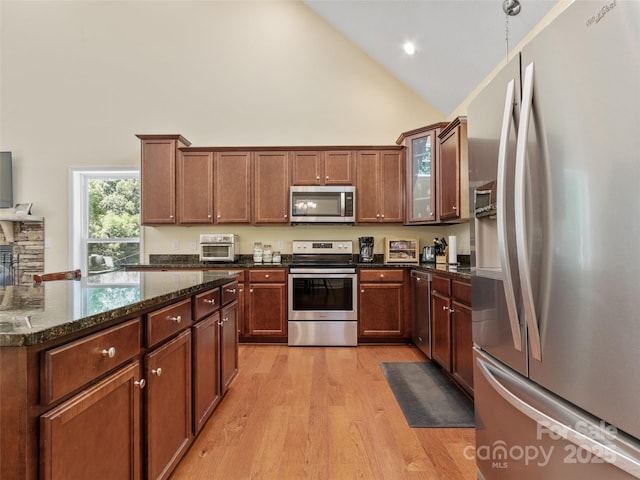 222 Fox Creek Rd, Mars Hill, NC 28754 - kitchen with stainless steel appliances, high vaulted ceiling, light wood-style floors, dark stone countertops, and glass insert cabinets