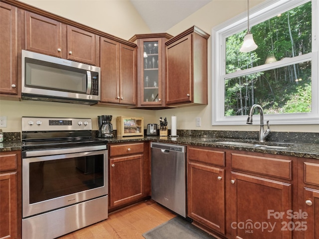 222 Fox Creek Rd, Mars Hill, NC 28754 - kitchen with stainless steel appliances, light wood-type flooring, glass insert cabinets, hanging light fixtures, and vaulted ceiling