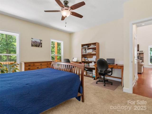 222 Fox Creek Rd, Mars Hill, NC 28754 - carpeted bedroom featuring an office area, multiple windows, and ceiling fan