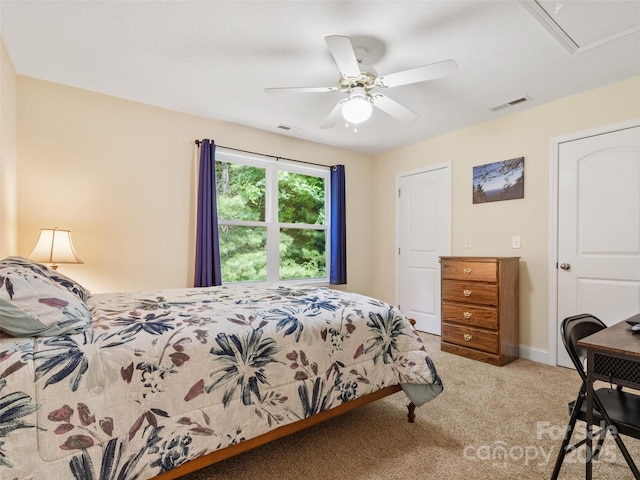 222 Fox Creek Rd, Mars Hill, NC 28754 - carpeted bedroom featuring a ceiling fan and attic access