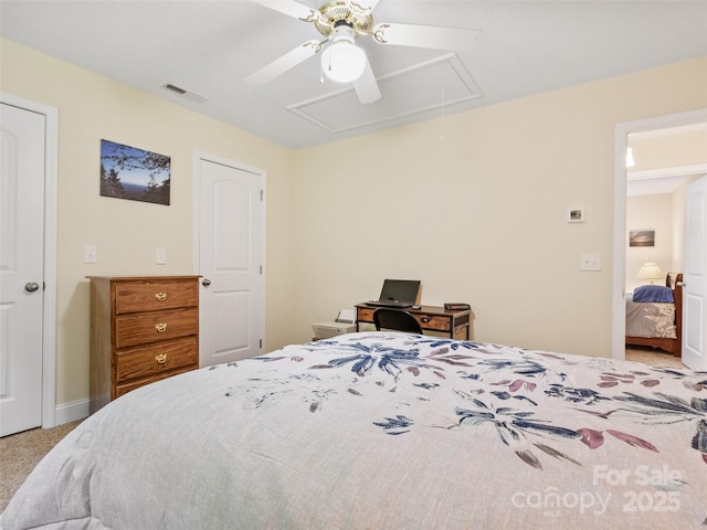 222 Fox Creek Rd, Mars Hill, NC 28754 - bedroom with attic access, carpet, and a ceiling fan