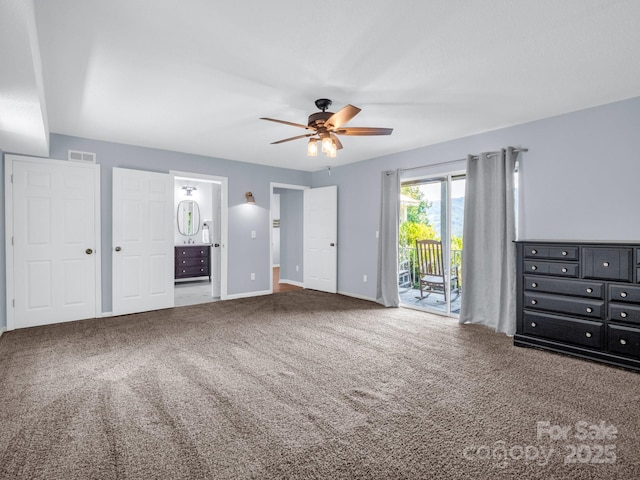 198 Sugarbush Pt, Lake Lure, NC 28746 - unfurnished bedroom featuring access to outside, carpet flooring, connected bathroom, and ceiling fan