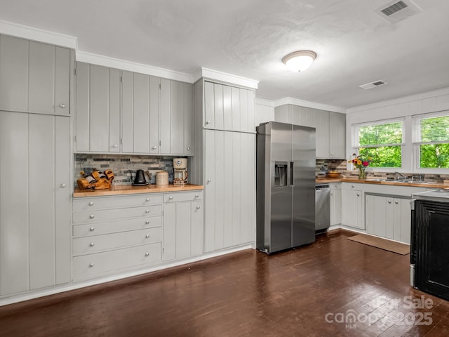 1463 Carolina Dr, Tryon, NC 28782 - kitchen with stainless steel appliances, tasteful backsplash, crown molding, and gray cabinets