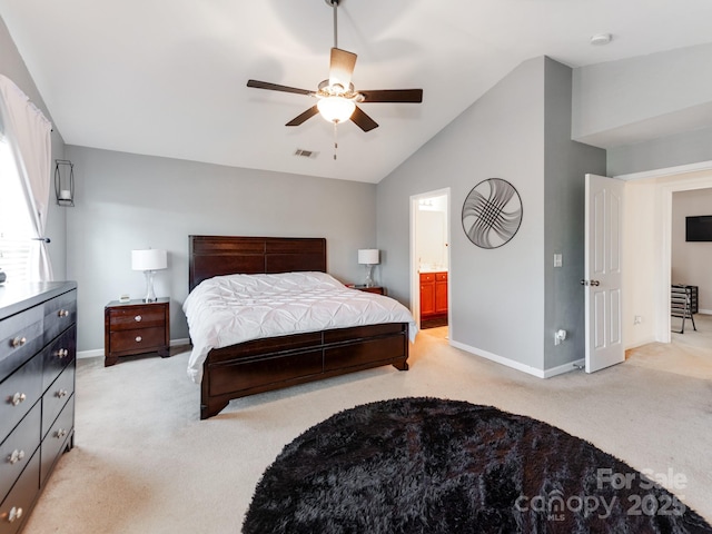 4316 Davis Meadows Dr, Charlotte, NC 28216 - bedroom featuring light carpet, vaulted ceiling, ceiling fan, and ensuite bath