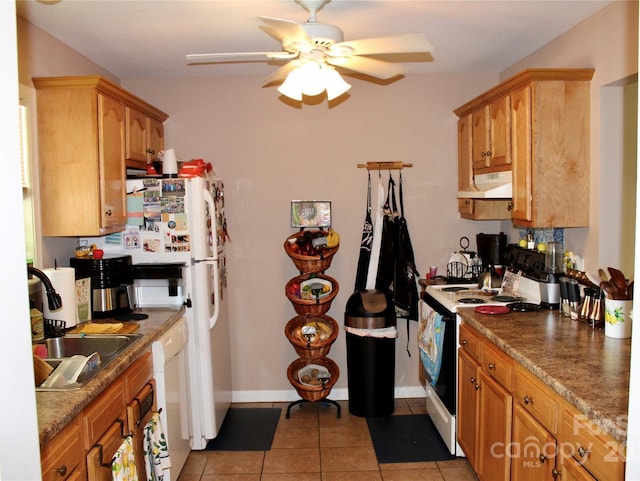 544 Tracy Grove Rd, Flat Rock, NC 28731 - kitchen with white appliances, under cabinet range hood, light tile patterned flooring, and ceiling fan