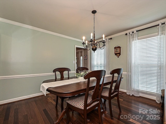 2621 Brightmoor Ridge Dr, Matthews, NC 28105 - dining space with a chandelier, dark wood-type flooring, and ornamental molding