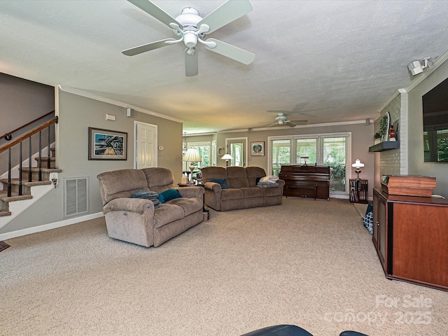 2621 Brightmoor Ridge Dr, Matthews, NC 28105 - living area with ceiling fan, plenty of natural light, light colored carpet, stairs, and ornamental molding