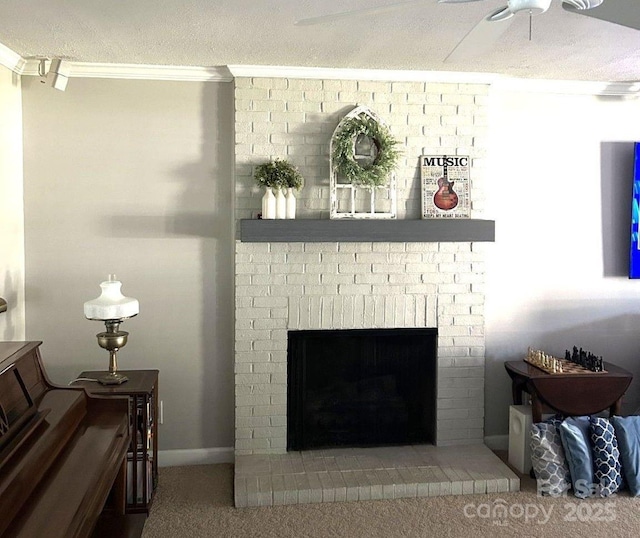 2621 Brightmoor Ridge Dr, Matthews, NC 28105 - detailed view of carpet floors, a ceiling fan, a brick fireplace, crown molding, and a textured ceiling