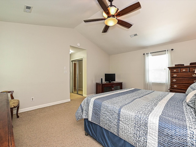 2621 Brightmoor Ridge Dr, Matthews, NC 28105 - bedroom with light carpet, lofted ceiling, a ceiling fan, and a closet