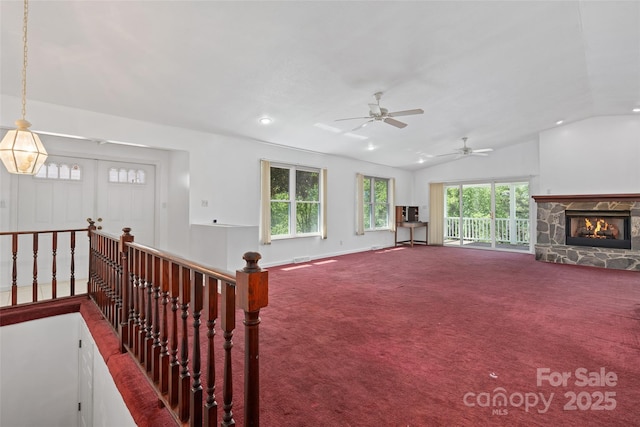 371 Clearview Dr, Waynesville, NC 28786 - living area with carpet, a fireplace, lofted ceiling, a ceiling fan, and recessed lighting