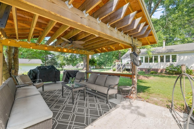 4534 Pebblebrook Cir SW, Concord, NC 28027 - view of patio / terrace featuring an outdoor hangout area, ceiling fan, and area for grilling