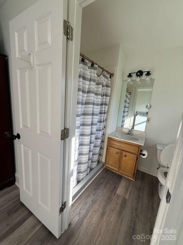 148 Barium Ln, Statesville, NC 28677 - bathroom with wood finished floors, vanity, and curtained shower