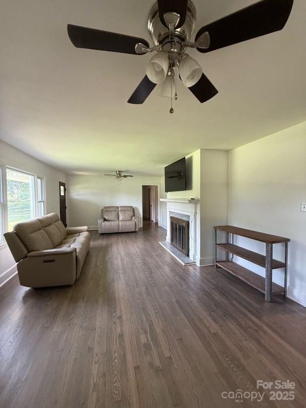148 Barium Ln, Statesville, NC 28677 - living area featuring dark wood finished floors, a glass covered fireplace, and ceiling fan