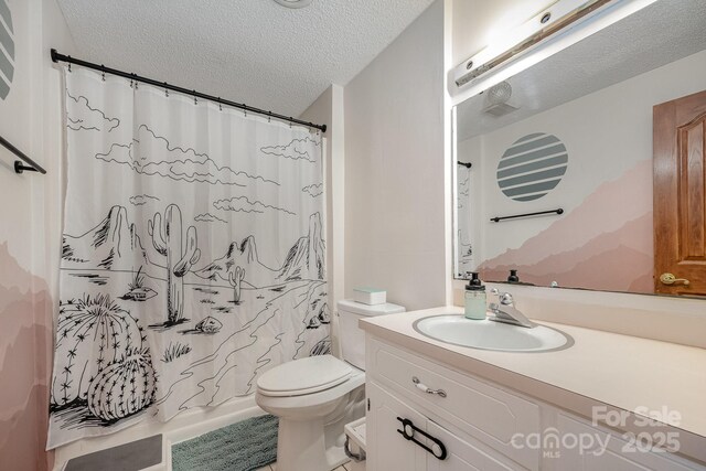 301 Rosemont Ave SE, Concord, NC 28025 - bathroom with a textured ceiling, vanity, and shower / tub combo with curtain