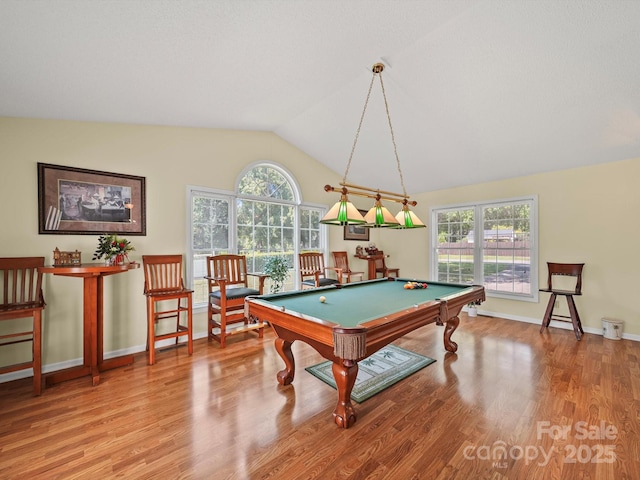 1302 Hawthorne Rd, Lancaster, SC 29720 - playroom with billiards table, healthy amount of natural light, vaulted ceiling, and wood finished floors